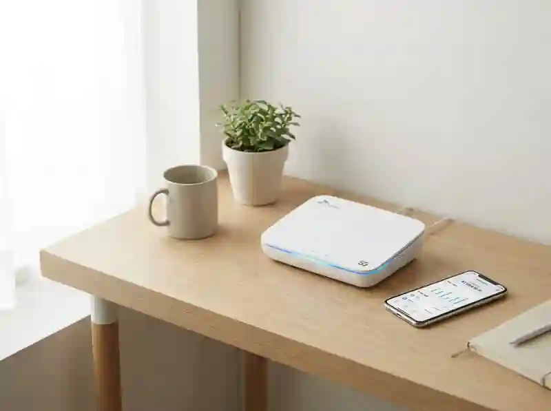통신사 공유기와 스마트폰이 놓인 책상
