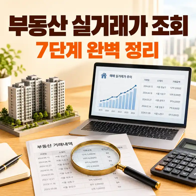 부동산 실거래가 조회 방법을 확인하는 노트북 화면과 아파트 모형, 거래 기록