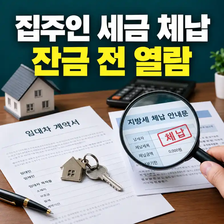 임대인 미납세금 열람을 위해 임대차계약서와 세금 고지서를 확인하는 모습