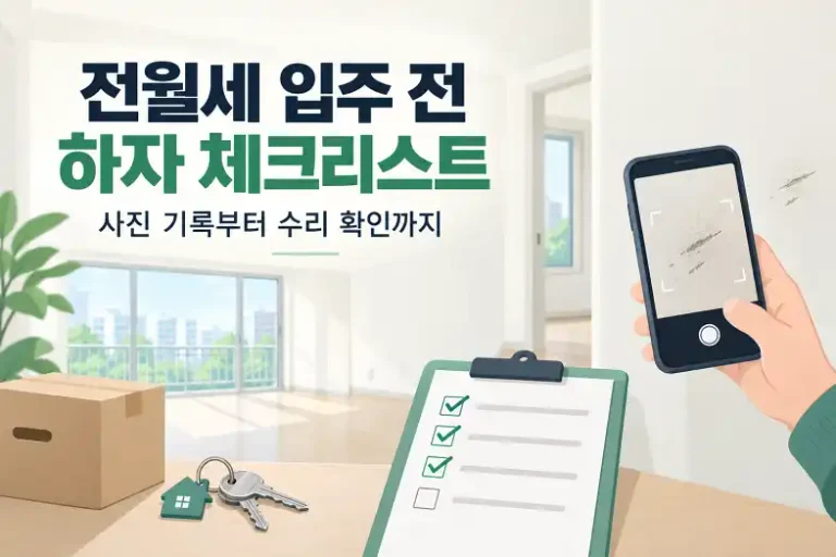 전월세 입주 전 하자 체크리스트에 따라 벽면 상태를 촬영하고 점검하는 모습
