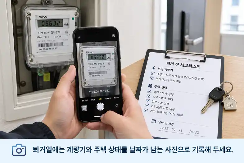 전월세 퇴거 당일 전기 계량기를 촬영하고 열쇠와 체크리스트를 준비하는 모습