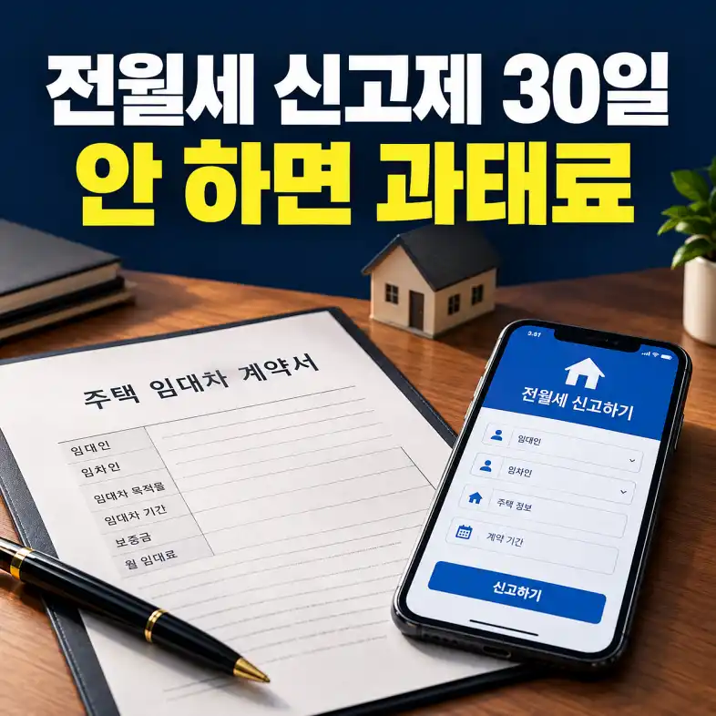 전월세 신고제 대상 여부와 30일 신고 기한을 계약서와 함께 확인하는 모습