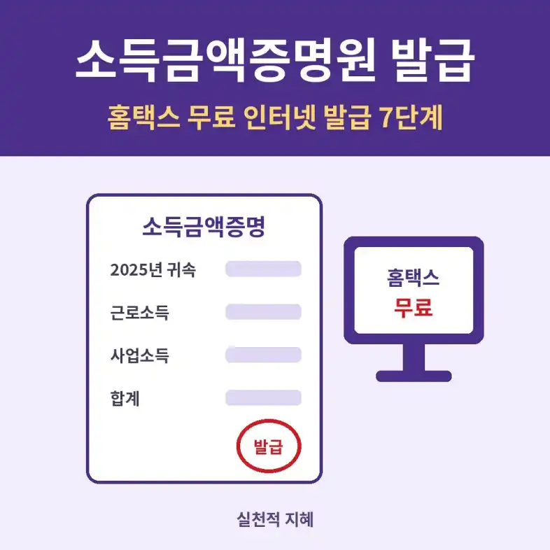 홈택스에서 소득금액증명원을 무료로 인터넷 발급하는 방법을 보여주는 증명서와 모니터 일러스트