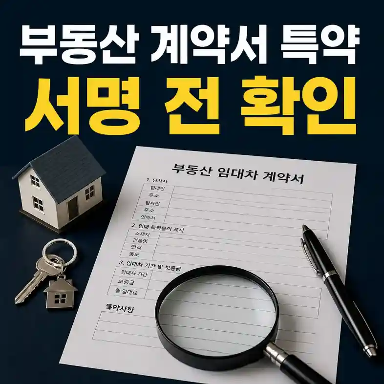 부동산 계약서 특약사항을 서명 전에 확인하는 임대차 계약서와 도장